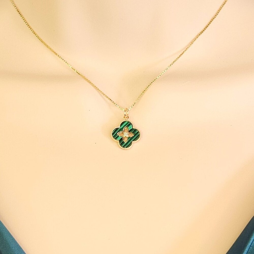 Dainty Malachite Clover with Micro Zirconia and Gold Filled Chain